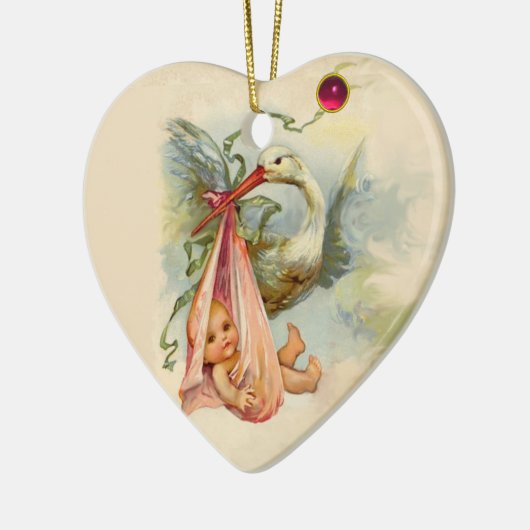 STORK BABY MÄDCHEN 2 HERZMONOGRAMM ROTE RUBY KERAMIK ORNAMENT (Links)