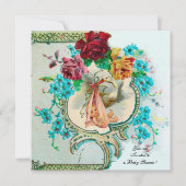 STORK BABY MÄDCHEN DUSCHE, PINKROSEN UND BLAUE BLU EINLADUNG (Vorderseite)