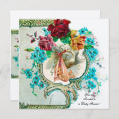 STORK BABY MÄDCHEN DUSCHE, PINKROSEN UND BLAUE BLU EINLADUNG (Vorne/Hinten)