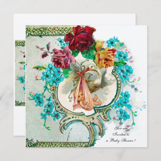 STORK BABY MÄDCHEN DUSCHE, PINKROSEN UND BLAUE BLU EINLADUNG (Vorne/Hinten)