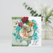 STORK BABY MÄDCHEN DUSCHE, PINKROSEN UND BLAUE BLU EINLADUNG (Stehend Vorderseite)