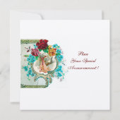 STORK BABY MÄDCHEN DUSCHE, PINKROSEN UND BLAUE BLU EINLADUNG (Rückseite)