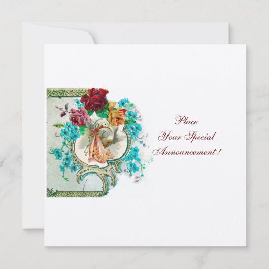 STORK BABY MÄDCHEN DUSCHE, PINKROSEN UND BLAUE BLU EINLADUNG (Rückseite)