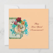 STORK BABY MÄDCHEN DUSCHE, PINKROSEN UND BLAUE BLU EINLADUNG (Rückseite)