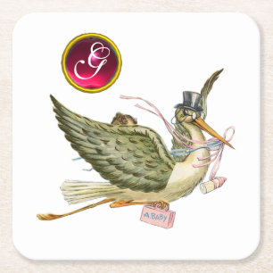 STORK BABY MÄDCHEN GEM MONOGRAM White Rechteckiger Pappuntersetzer