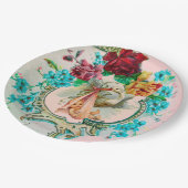 STORK-BABY-MÄDCHEN MIT PINKROSEN UND BLUME PAPPTELLER (Schrägansicht)