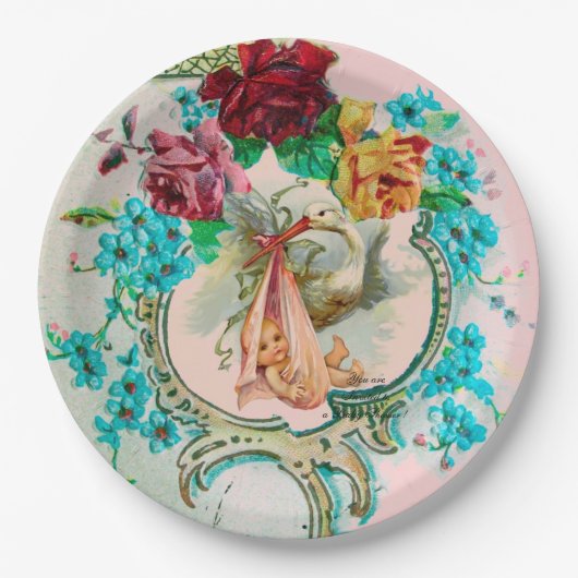 STORK-BABY-MÄDCHEN MIT PINKROSEN UND BLUME PAPPTELLER (Vorderseite)