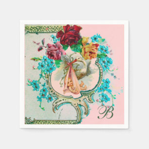 STORK-BABY-MÄDCHEN,PINKROSEN,BLUME-MONOGRAMM SERVIETTE
