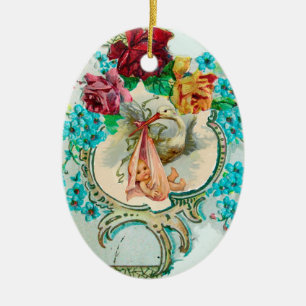 STORK BABY SHOWER 2 MONOGRAM Red Ruby Keramik Ornament