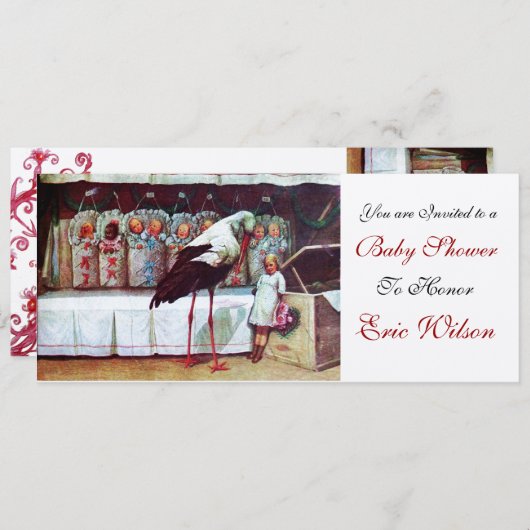 STORK BABY SHOWER 3, Champagner metallisch Einladung (Vorne/Hinten)