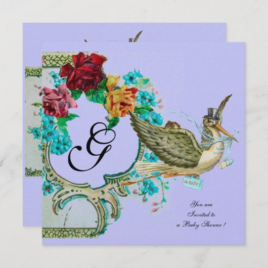 STORK BABY SHOWER 3 MONOGRAMM Weißer Champagner Einladung (Vorne/Hinten)