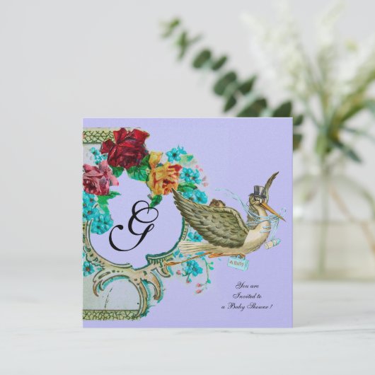 STORK BABY SHOWER 3 MONOGRAMM Weißer Champagner Einladung (Stehend Vorderseite)