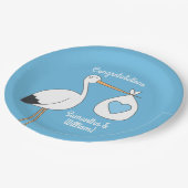 Stork Baby Shower Blue Boy Pappteller (Schrägansicht)
