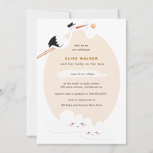 Stork Baby Shower Einladung mit Wolken (Vorderseite)