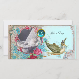 STORK BABY SHOWER MONOGRAM, aquamarin, weiß Ankündigung