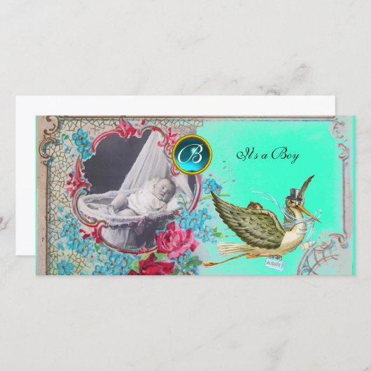 STORK BABY SHOWER MONOGRAM, aquamarin, weiß Ankündigung (Vorne/Hinten)