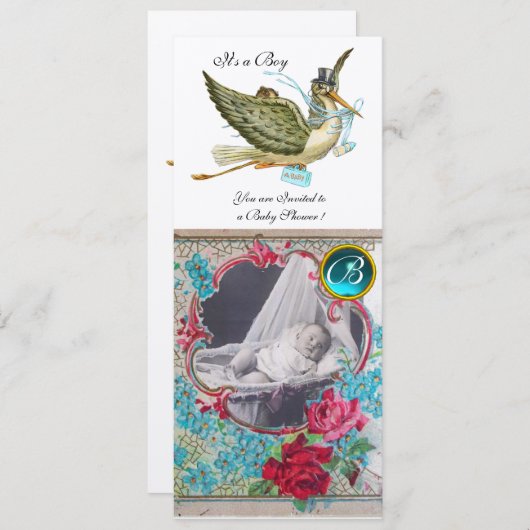 STORK BABY SHOWER MONOGRAM FOTO TEMPLATE Gold Einladung (Vorne/Hinten)