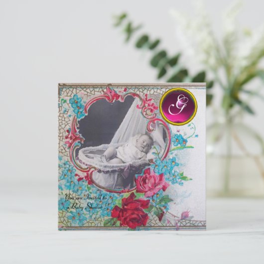 STORK BABY SHOWER MONOGRAM FOTOVORLAGE, Eis Einladung (Stehend Vorderseite)