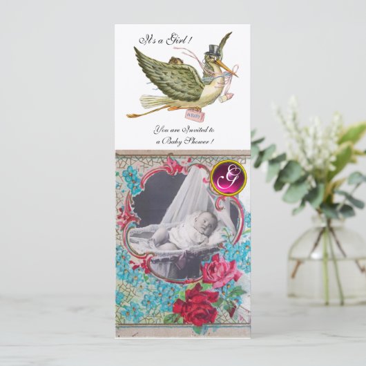 STORK BABY SHOWER MONOGRAM FOTOVORLAGE, Gold Einladung (Stehend Vorderseite)