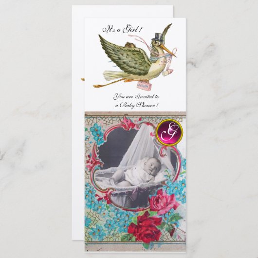 STORK BABY SHOWER MONOGRAM FOTOVORLAGE, Gold Einladung (Vorne/Hinten)