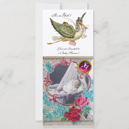 STORK BABY SHOWER MONOGRAM FOTOVORLAGE, Gold Einladung (Vorderseite)