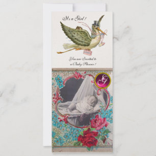 STORK BABY SHOWER MONOGRAM FOTOVORLAGE, Gold Einladung