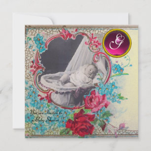 STORK BABY SHOWER MONOGRAM FOTOVORLAGE, Gold Einladung