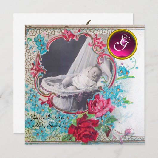 STORK BABY SHOWER MONOGRAM FOTOVORLAGE, weiß Einladung (Vorne/Hinten)