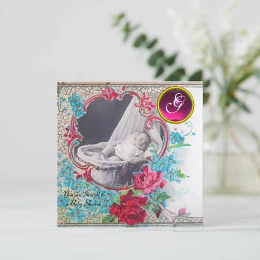 STORK BABY SHOWER MONOGRAM FOTOVORLAGE, weiß Einladung (Stehend Vorderseite)