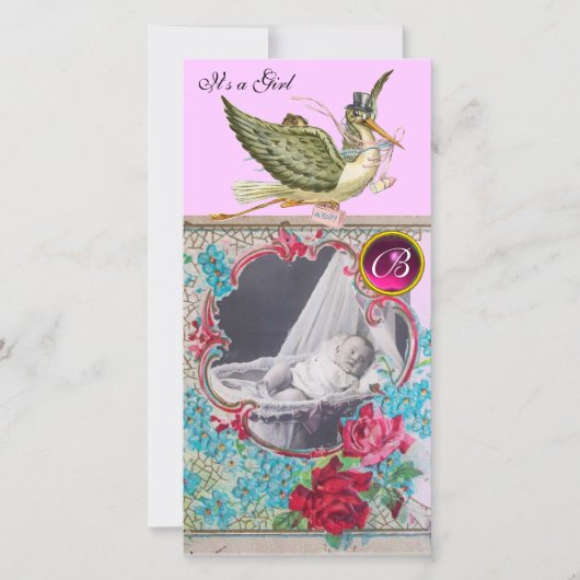 STORK BABY SHOWER MONOGRAM, ruby Ankündigung (Vorderseite)