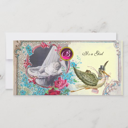 STORK BABY SHOWER MONOGRAM, ruby, creme Ankündigung (Vorderseite)