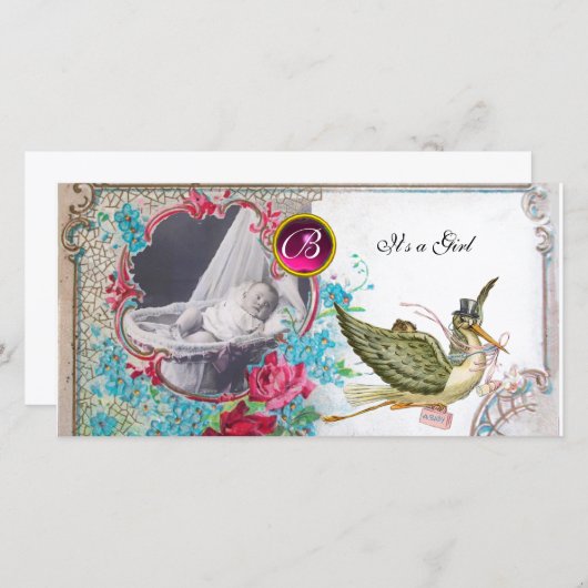 STORK BABY SHOWER MONOGRAM, ruby, weiß Ankündigung (Vorne/Hinten)