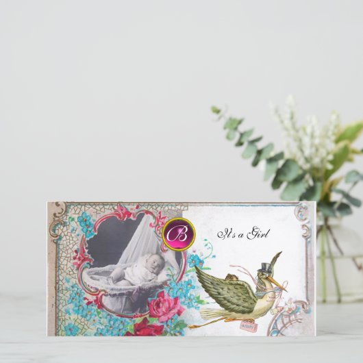 STORK BABY SHOWER MONOGRAM, ruby, weiß Ankündigung (Stehend Vorderseite)