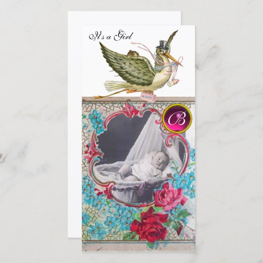 STORK BABY SHOWER MONOGRAM ,ruby-white Ankündigung (Vorne/Hinten)