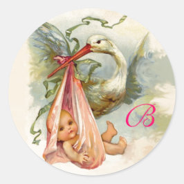 STORK BABY SHOWER MONOGRAM , RUNDER AUFKLEBER