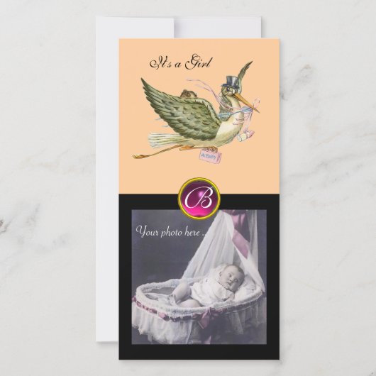 STORK BABY SHOWER SQUARE MONOGRAM ruby Ankündigung (Vorderseite)