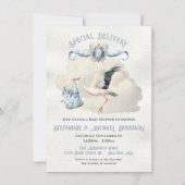 Stork Baby Shower Wappen Sonderlieferung Einladung (Vorderseite)