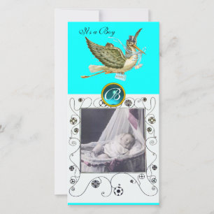 STORK BABY SHOWER WIRBEL MONOGRAM aquamarine Ankündigung