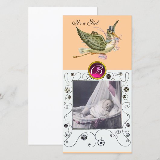 STORK BABY SHOWER WIRBEL MONOGRAM, ruby white Ankündigung (Vorne/Hinten)