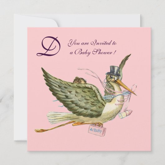 STORK BABY SHOWM MONOGRAM, gold-metallisch Einladung (Vorderseite)