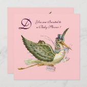 STORK BABY SHOWM MONOGRAM, gold-metallisch Einladung (Vorne/Hinten)