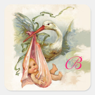 STORK BABY SHOWM MONOGRAM , QUADRATISCHER AUFKLEBER