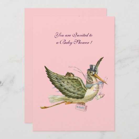 STORK BABY SHOWY, gold-metallisch Einladung (Vorne/Hinten)