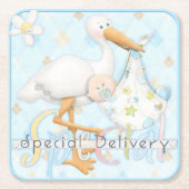 Stork Blue Boy Baby Showdesign Paper Untersetzer (Vorderseite)