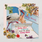 STORK,BLUME GiRL BABY ZEIGEN DEN GEBURTSSTATUS Einladung (Vorne/Hinten)