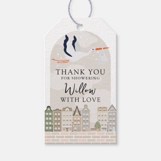 Stork Boho Baby Dusche Sprinkle Vielen Dank für Ih Geschenkanhänger (Vorderseite)