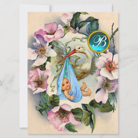 STORK BOY BABY DUSCHE, PINK WILD ROSE MONOGRAM EINLADUNG (Vorderseite)