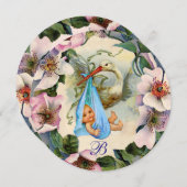 STORK BOY BABY DUSCHE, PINK WILD ROSE MONOGRAM EINLADUNG (Vorne/Hinten)