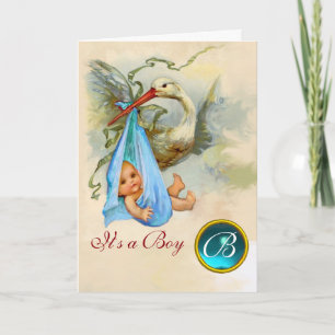 STORK BOY BABY SHOWER BLUE GEM MONOGRAM ANKÜNDIGUNG