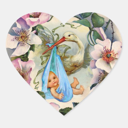 STORK BOY BABY SHOWER CROWING with PINK WILD ROSE Herz-Aufkleber (Vorderseite)